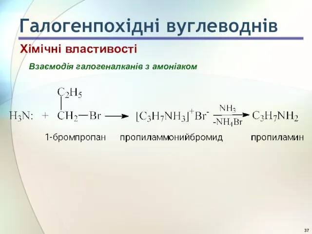 Взаємодія галогеналканів з амоніаком Хімічні властивості Галогенпохідні вуглеводнів