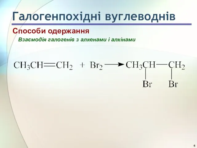 Взаємодія галогенів з алкенами і алкінами Способи одержання Галогенпохідні вуглеводнів