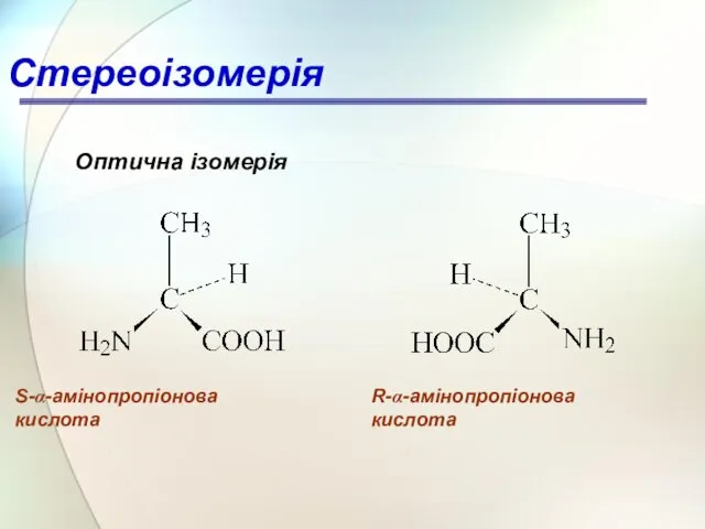 Оптична ізомерія S-α-амінопропіонова кислота R-α-амінопропіонова кислота Стереоізомерія