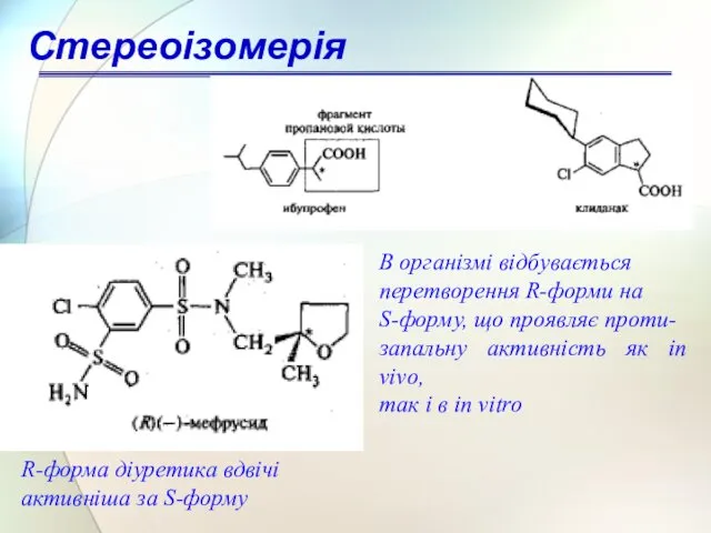 R-форма діуретика вдвічі активніша за S-форму Стереоізомерія В організмі відбувається