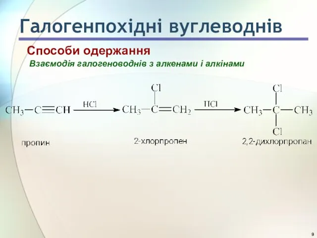 Взаємодія галогеноводнів з алкенами і алкінами Способи одержання Галогенпохідні вуглеводнів