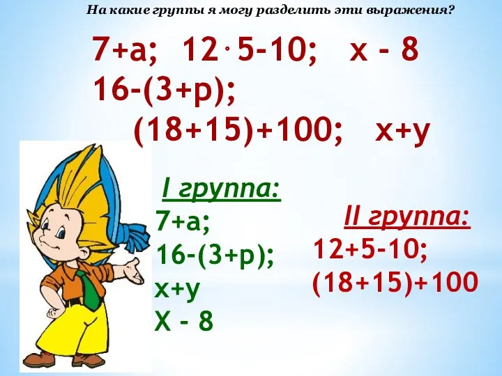 7+a; 125-10; х - 8 16-(3+p); (18+15)+100; x+y I группа: