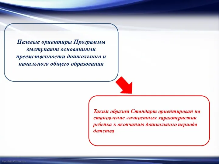 Целевые ориентиры Программы выступают основаниями преемственности дошкольного и начального общего