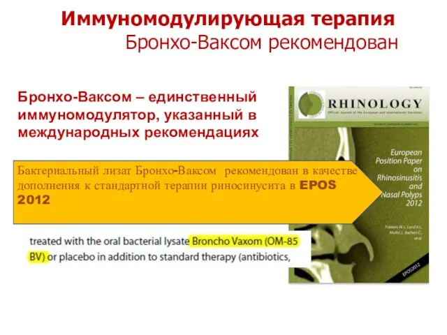 Бронхо-Ваксом – единственный иммуномодулятор, указанный в международных рекомендациях Бактериальный лизат