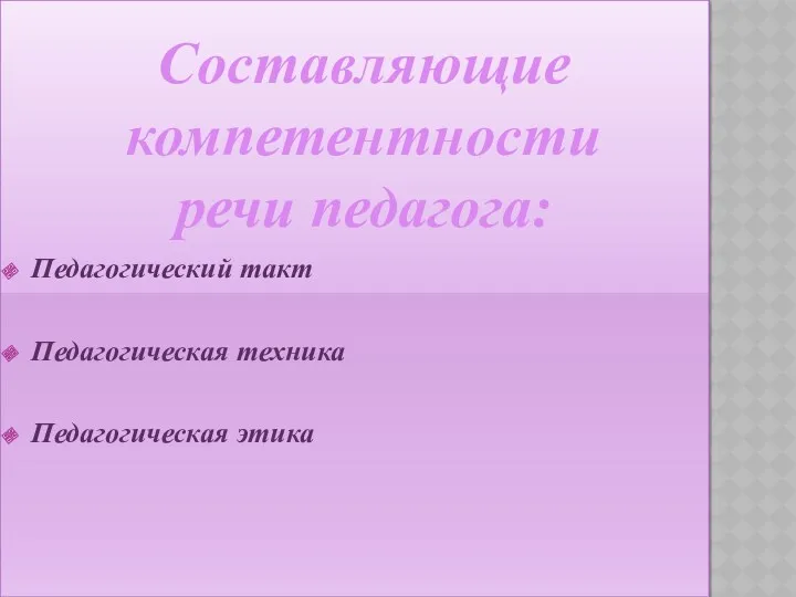 Педагогический такт Педагогическая техника Педагогическая этика Составляющие компетентности речи педагога: