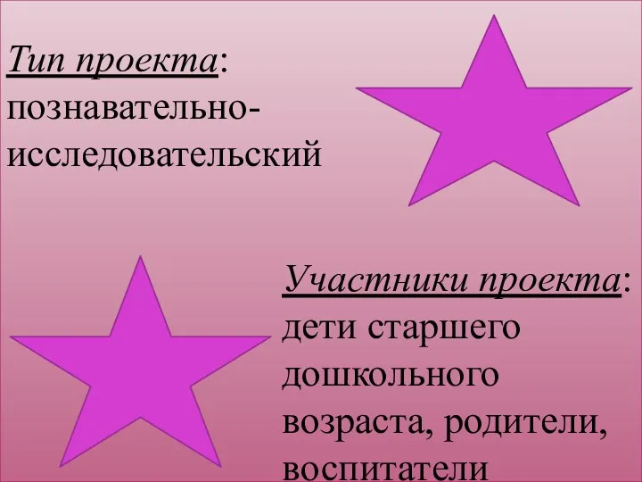 Тип проекта: познавательно- исследовательский Участники проекта: дети старшего дошкольного возраста, родители, воспитатели