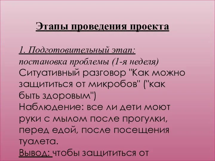 Этапы проведения проекта 1. Подготовительный этап: постановка проблемы (1-я неделя)