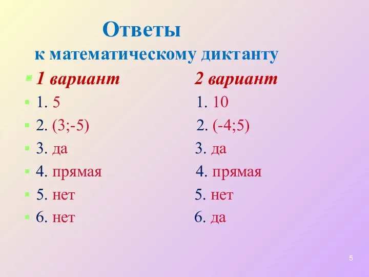 Ответы к математическому диктанту 1 вариант 2 вариант 1. 5 1. 10 2.