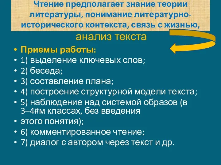 Чтение предполагает знание теории литературы, понимание литературно-исторического контекста, связь с жизнью, анализ текста