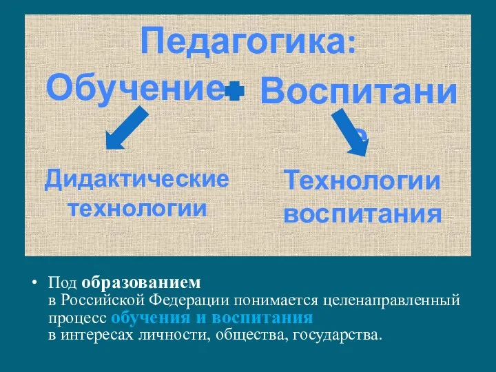 Под образованием в Российской Федерации понимается целенаправленный процесс обучения и воспитания в интересах