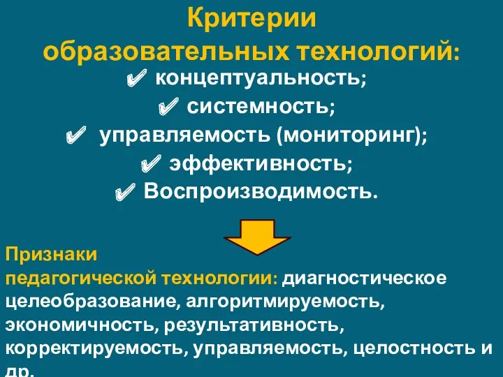 Критерии образовательных технологий: концептуальность; системность; управляемость (мониторинг); эффективность; Воспроизводимость. Признаки