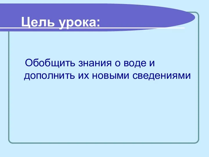 Цель урока: Обобщить знания о воде и дополнить их новыми сведениями