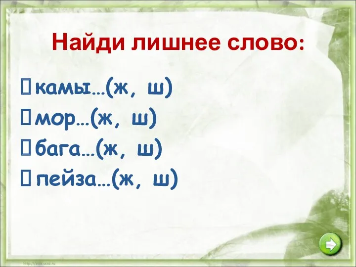 Найди лишнее слово: камы…(ж, ш) мор…(ж, ш) бага…(ж, ш) пейза…(ж, ш)