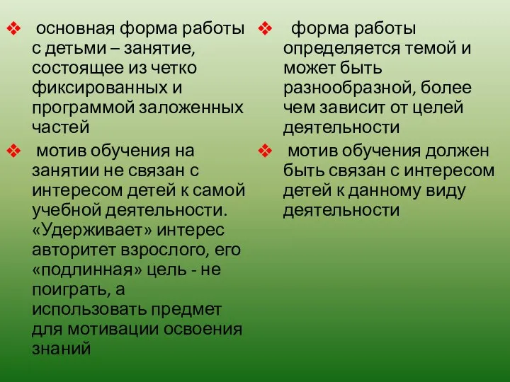 основная форма работы с детьми – занятие, состоящее из четко