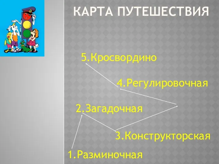 Карта путешествия 1.Разминочная 2.Загадочная 3.Конструкторская 4.Регулировочная 5.Кросвордино