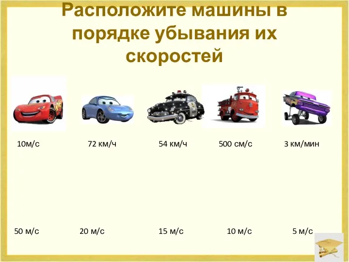 Расположите машины в порядке убывания их скоростей 10м/с 72 км/ч