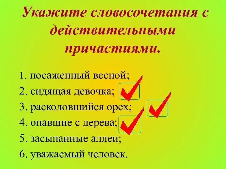 Укажите словосочетания с действительными причастиями. 1. посаженный весной; 2. сидящая