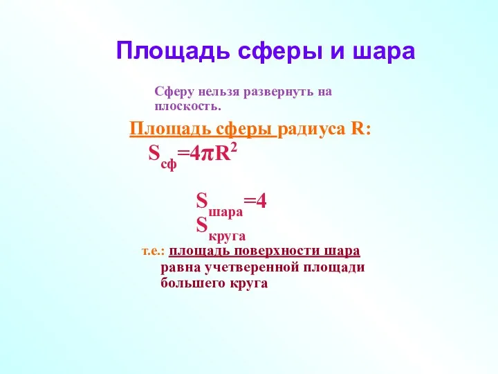 Площадь сферы и шара Сферу нельзя развернуть на плоскость. Площадь сферы радиуса R: