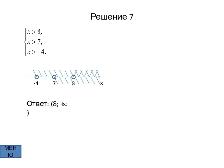 Решение 7 МЕНЮ Ответ: (8; + ) х -4 7 8