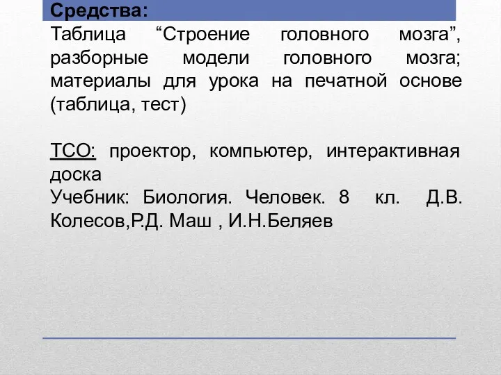 Средства: Таблица “Строение головного мозга”,разборные модели головного мозга; материалы для урока на печатной