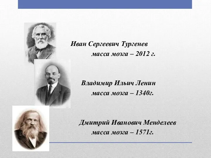 Иван Сергеевич Тургенев масса мозга – 2012 г. Владимир Ильич Ленин масса мозга