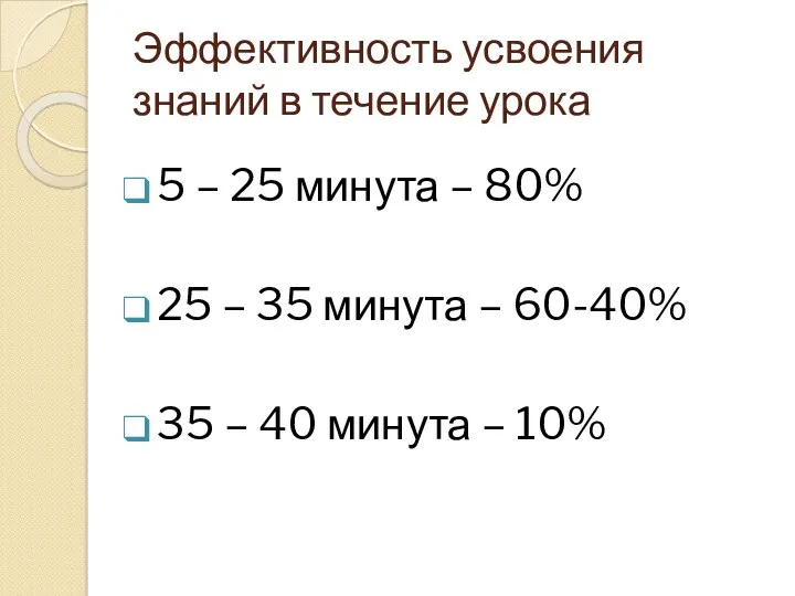 Эффективность усвоения знаний в течение урока 5 – 25 минута