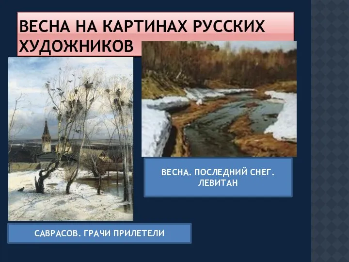 Весна на картинах русских художников ВЕСНА. ПОСЛЕДНИЙ СНЕГ. ЛЕВИТАН САВРАСОВ. ГРАЧИ ПРИЛЕТЕЛИ