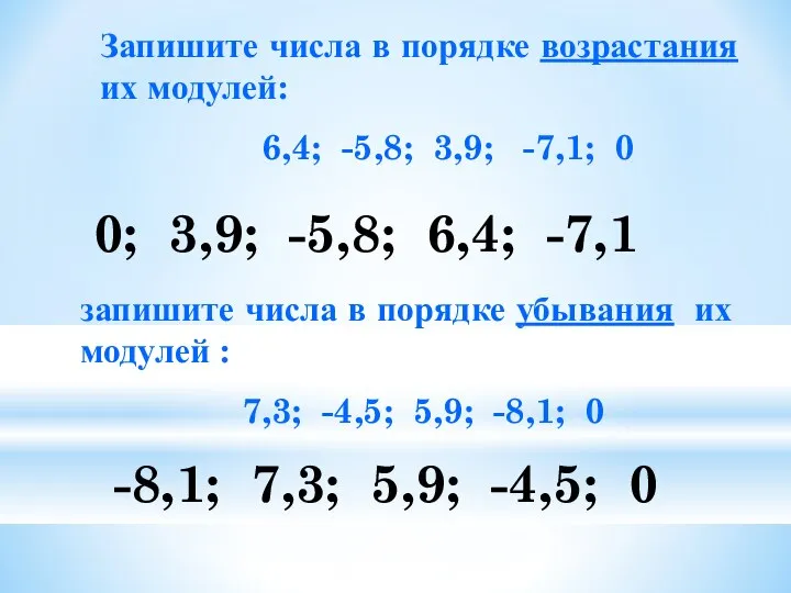 Запишите числа в порядке возрастания их модулей: 6,4; -5,8; 3,9;