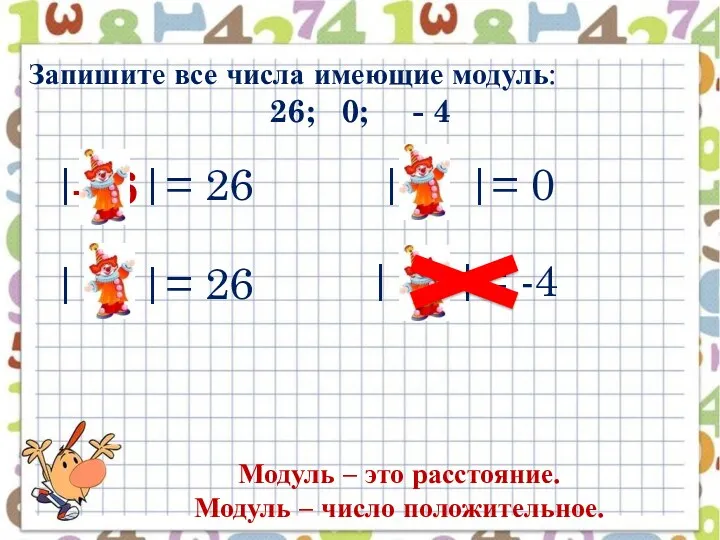 Запишите все числа имеющие модуль: 26; 0; - 4 |