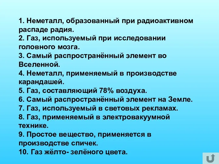 1. Неметалл, образованный при радиоактивном распаде радия. 2. Газ, используемый при исследовании головного