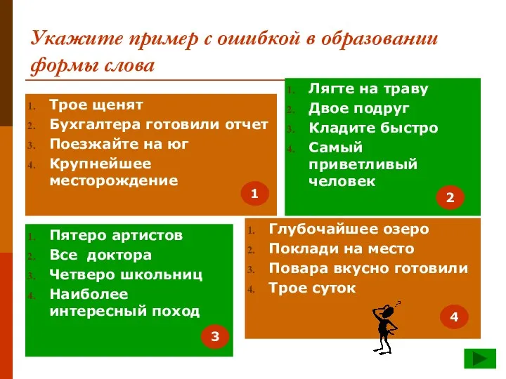 Укажите пример с ошибкой в образовании формы слова Трое щенят