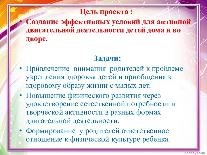 Цель проекта : Создание эффективных условий для активной двигательной деятельности