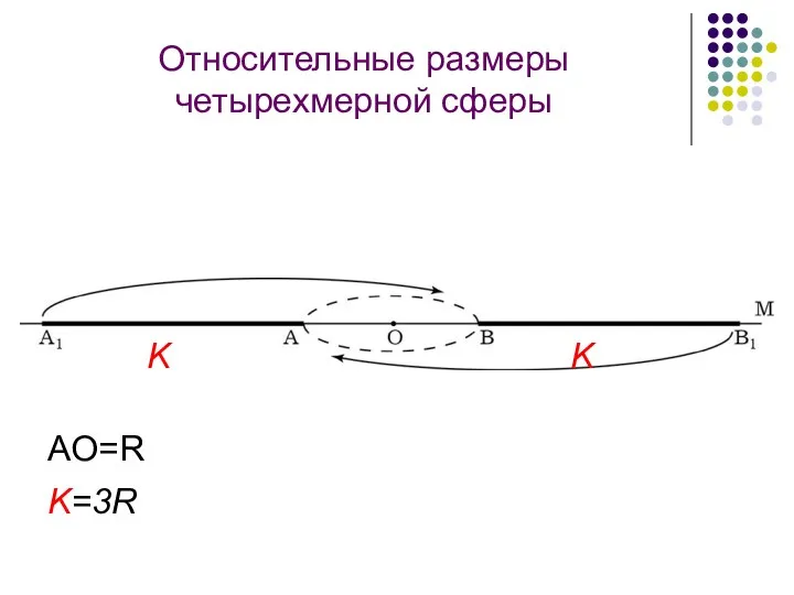 Относительные размеры четырехмерной сферы K K K=3R AO=R