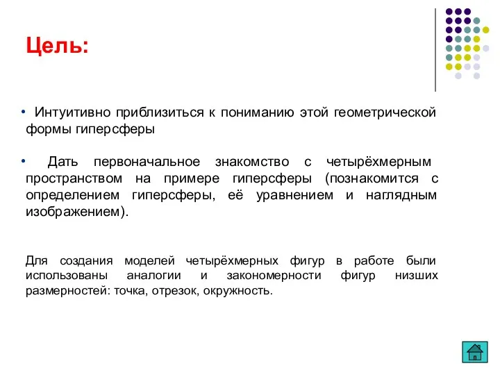 Цель: Интуитивно приблизиться к пониманию этой геометрической формы гиперсферы Дать