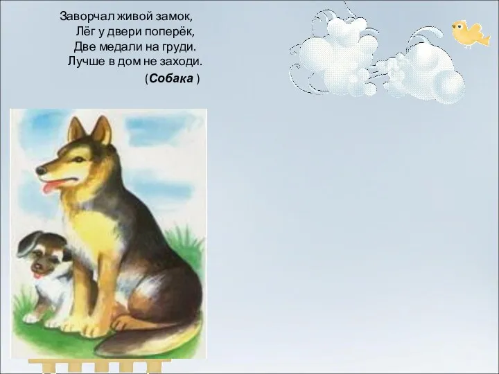 Заворчал живой замок, Лёг у двери поперёк, Две медали на груди. Лучше в