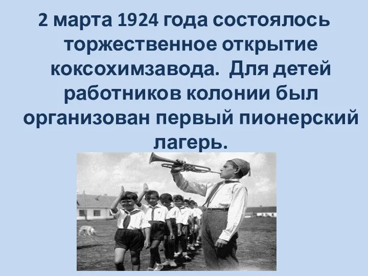 2 марта 1924 года состоялось торжественное открытие коксохимзавода. Для детей работников колонии был