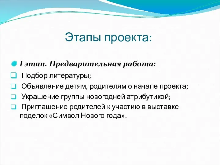 Этапы проекта: I этап. Предварительная работа: Подбор литературы; Объявление детям,