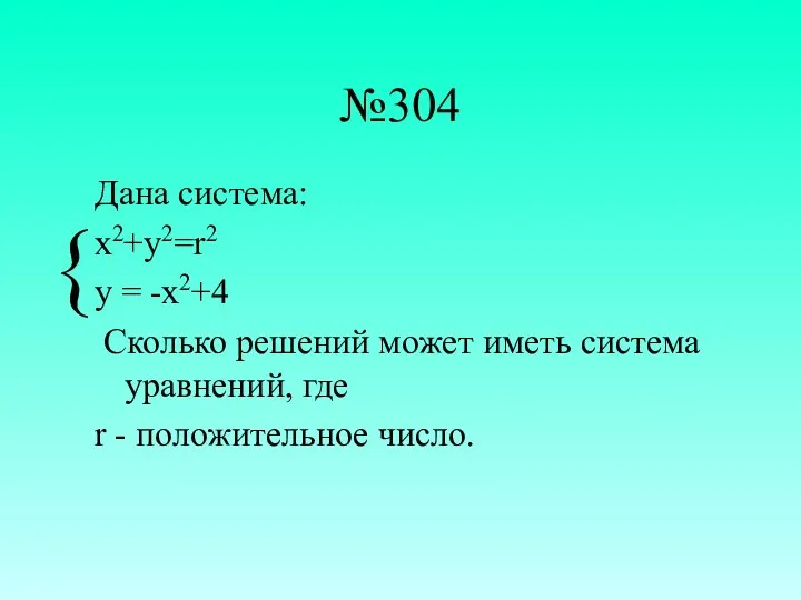 №304 Дана система: x2+y2=r2 y = -x2+4 Сколько решений может