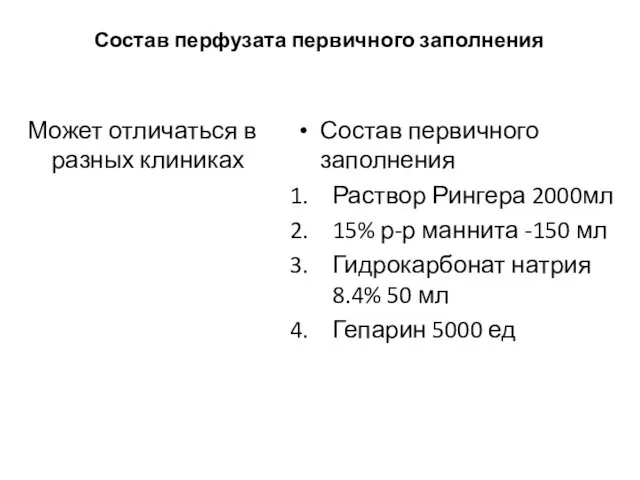 Состав перфузата первичного заполнения Может отличаться в разных клиниках Состав