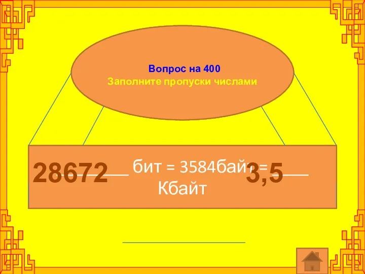 Вопрос на 400 Заполните пропуски числами ________ бит = 3584байт = ____ Кбайт 28672 3,5