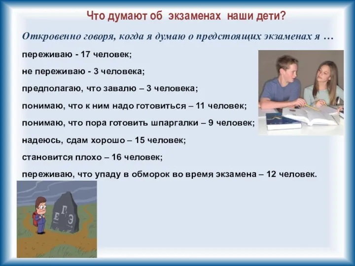 Откровенно говоря, когда я думаю о предстоящих экзаменах я … переживаю - 17