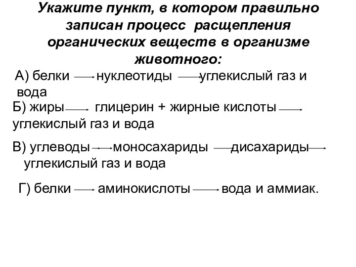 Укажите пункт, в котором правильно записан процесс расщепления органических веществ