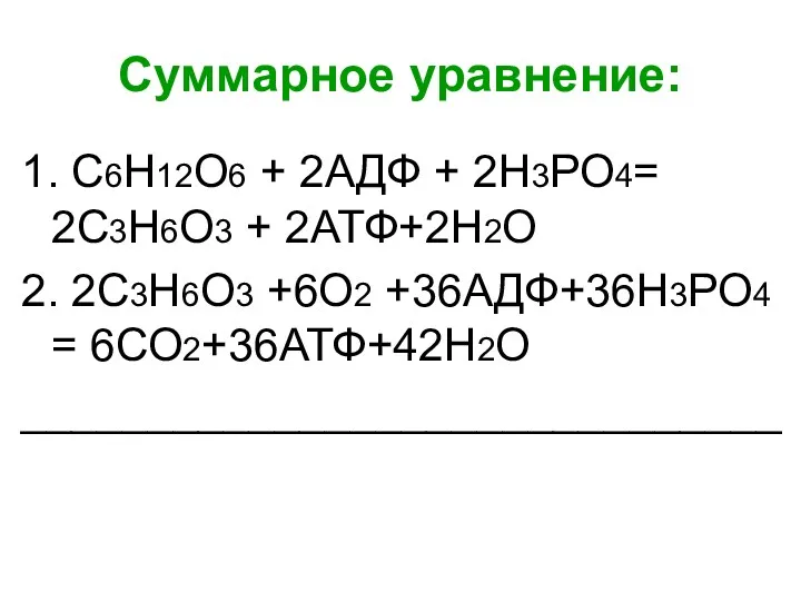 Суммарное уравнение: 1. С6Н12О6 + 2АДФ + 2Н3РО4= 2С3Н6О3 +