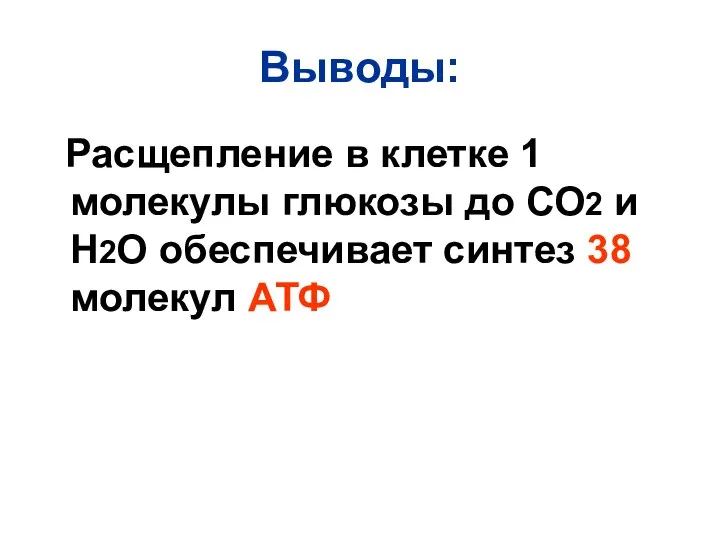 Выводы: Расщепление в клетке 1 молекулы глюкозы до СО2 и Н2О обеспечивает синтез 38 молекул АТФ