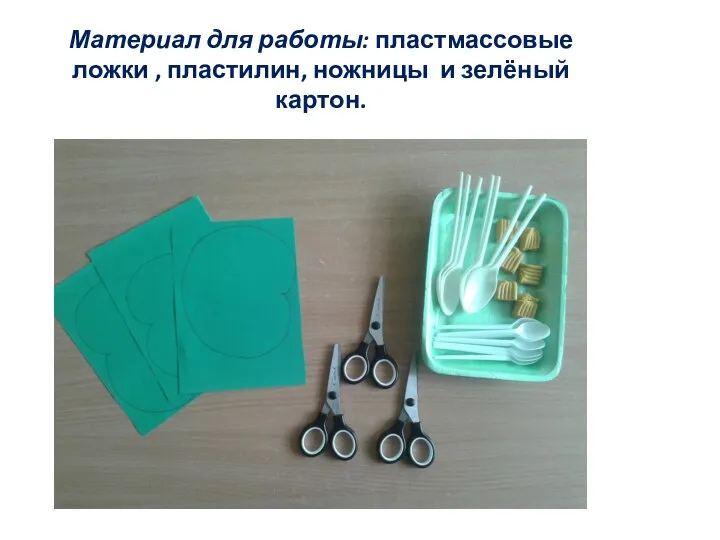 Материал для работы: пластмассовые ложки , пластилин, ножницы и зелёный картон.