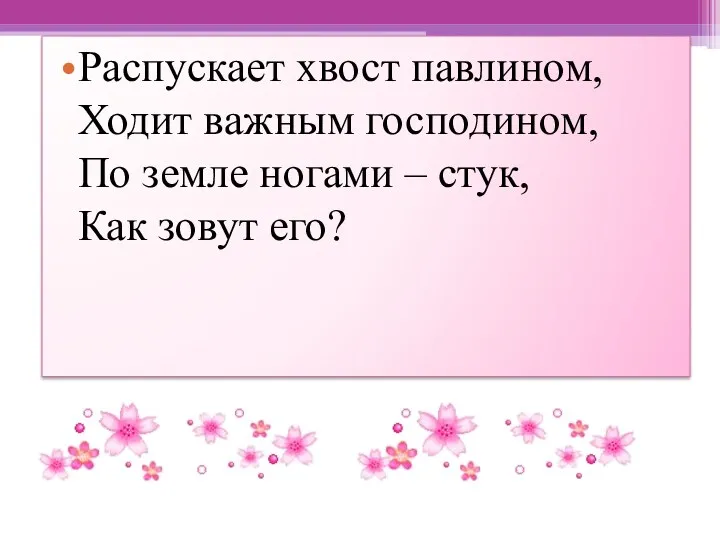 Распускает хвост павлином, Ходит важным господином, По земле ногами – стук, Как зовут его?