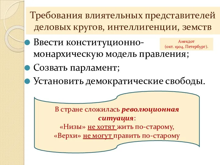 Требования влиятельных представителей деловых кругов, интеллигенции, земств Ввести конституционно-монархическую модель