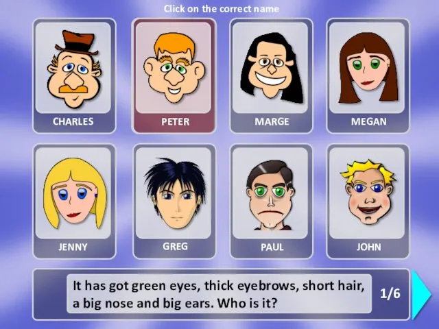 CHARLES MARGE MEGAN JENNY GREG PAUL JOHN Click on the correct name PETER 1/6