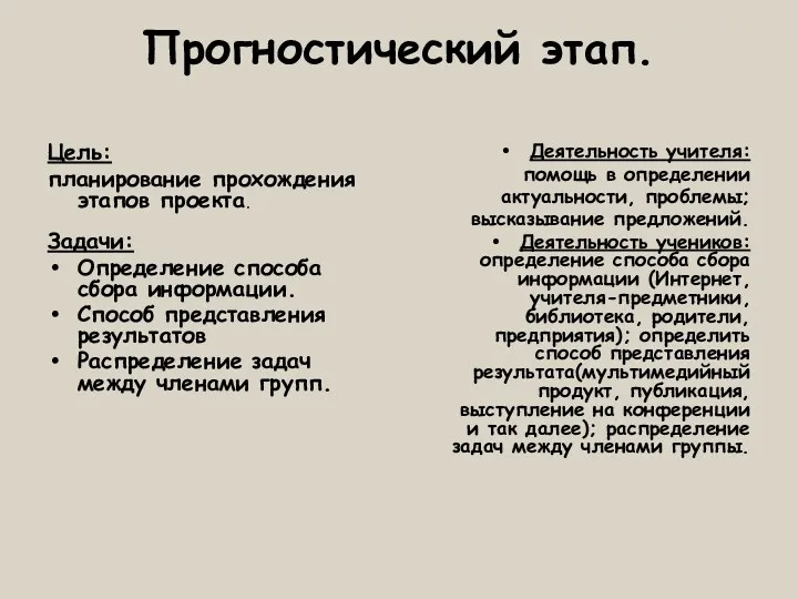 Прогностический этап. Цель: планирование прохождения этапов проекта. Задачи: Определение способа