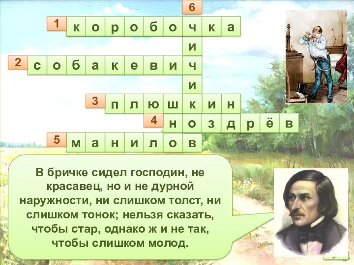 В бричке сидел господин, не красавец, но и не дурной